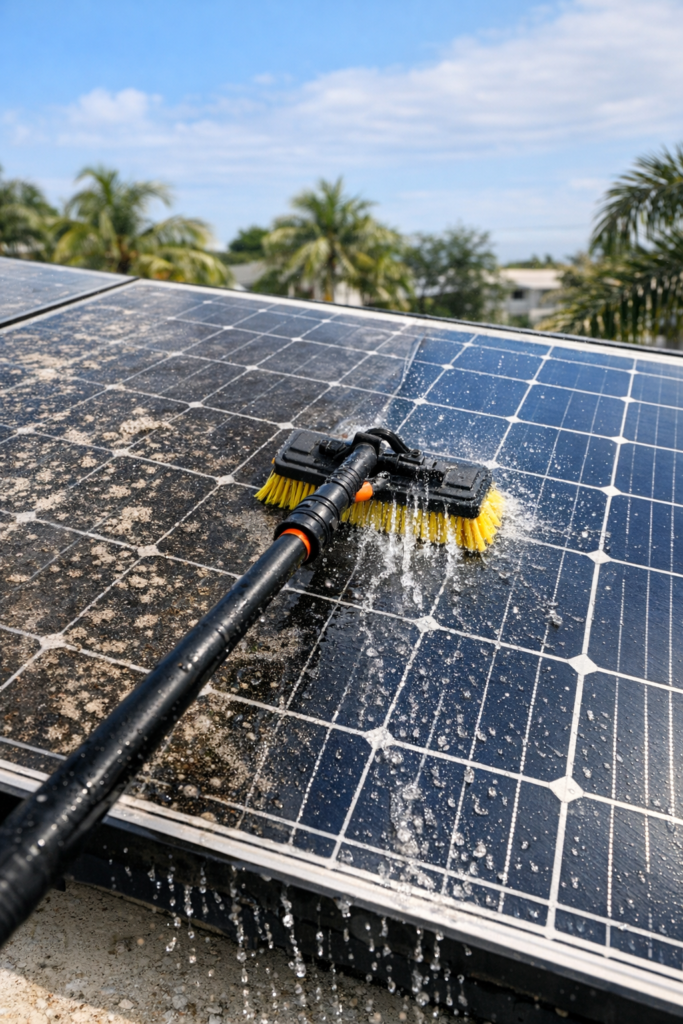 Dirty solar panel being cleaned with a water‑fed pole using purified water system in South Florida